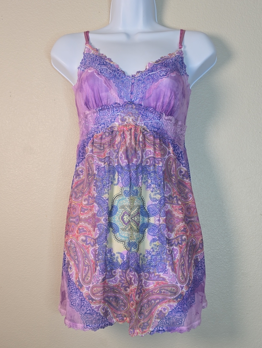 Butterflies Y2k Purple Paisley Lace-Trim Chemise Camisole Size M